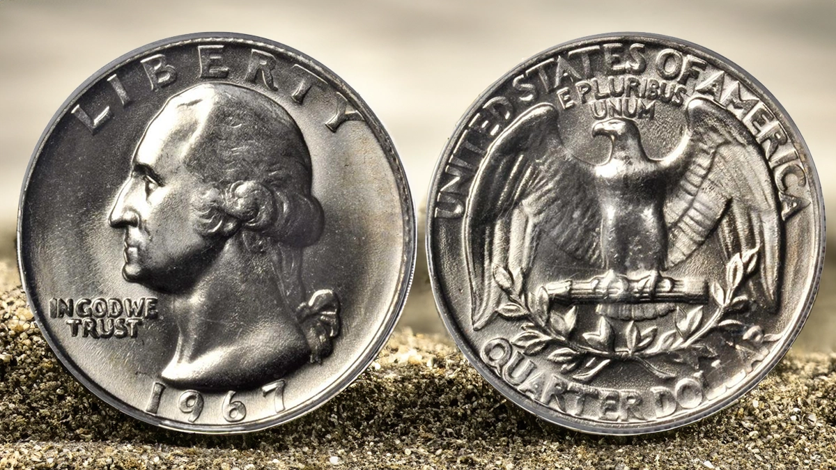 1967 Washington quarter grading strip showing four condition tiers from heavily worn to gem uncirculated