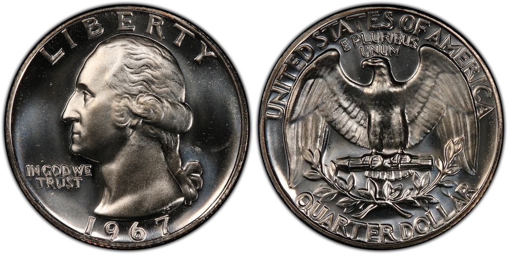 Side-by-side comparison of 1967 business strike quarter vs 1967 SMS Deep Cameo showing mirror fields and frosted portrait