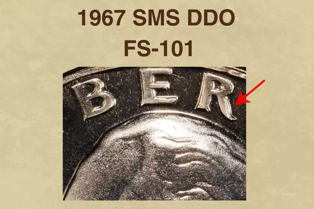 1967 SMS DDO FS-101 doubled die obverse close-up showing split serifs on IN GOD WE TRUST and LIBERTY